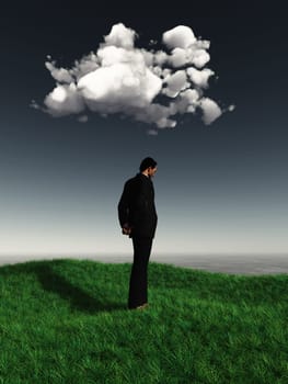 3D render of a male figure looking sad under a cloud