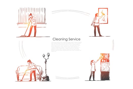 Cleaning service - washing floor, mirrors, shelves and vacuuming vector concept set. Hand drawn sketch isolated illustration
