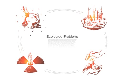 Ecological problems - saving of rare species, pollution, global wrming vector concept set. Hand drawn sketch isolated illustration