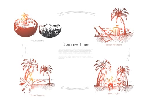 Travel to paradise island, seashore with palm trees, exotic vacation, party on sand beach, holiday season banner. Summer recreation, tropical resort concept sketch. Hand drawn vector illustration