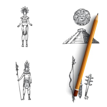 Maya civilization - Maya people, tools and pyramid vector concept set. Hand drawn sketch isolated illustration
