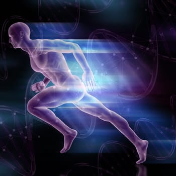 3D render of a male figure sprinting on DNA strands background
