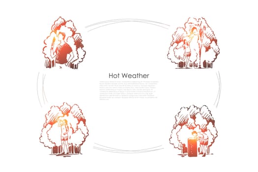 Hot weather- people eating ice cream, playing with fountain, drinking much water on summer vector concept set. Hand drawn sketch isolated illustration