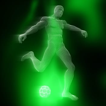3D render of a male footballer figure with wireframe design