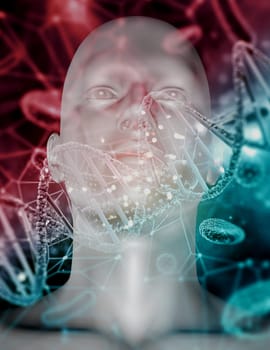3D render of a male head on a medical background with virus cells and DNA strands