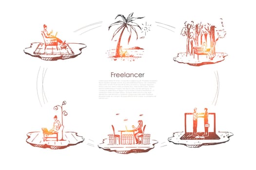 Freelancer - people working with laptops on nature outdoors and in comfortable places vector concept set. Hand drawn sketch isolated illustration