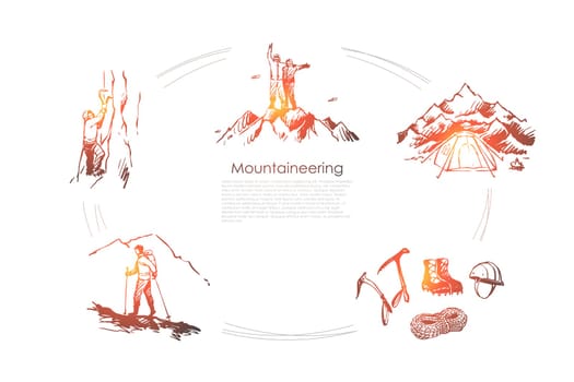 Mountaineering - sportsmen climbing mountains, camping and special equipment vector concept set. Hand drawn sketch isolated illustration