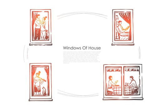 Windows of house - people dancing, reading, playing music, eating in windows of their flats vector concept set. Hand drawn sketch isolated illustration