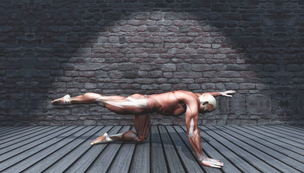 3D render of a male in leg and arm stretch pose in grunge interior