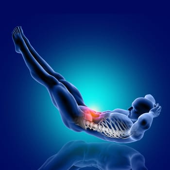 3D render of a male medical figure in leg lift pose with stomach muscles highlighted
