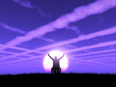 3D render of a male in wheelchair with arms raised against a purple sunset landscape with cloud trails in the sky