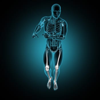 3D render of a male medical figure in running pose showing front view with leg bones highlighted