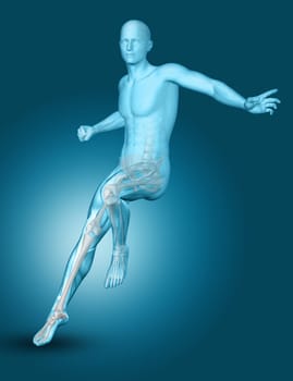 3D render of a male medical figure landing on one foot