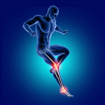 3D render of a male medical figure jumping with knee and ankle bone highlighted