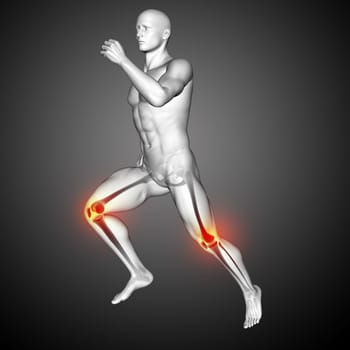 3D render of a male medical figure running with knees highlighted