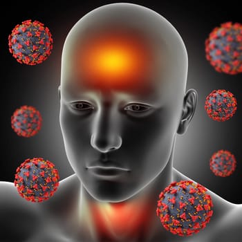 3D render of a male medical figure with fever, sore throat and Covid 19 virus cells