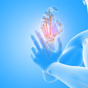 3D render of a male medical figure with close up of hand bones