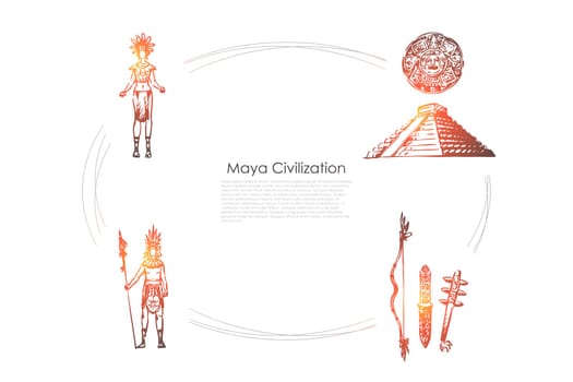Maya civilization - Maya people, tools and pyramid vector concept set. Hand drawn sketch isolated illustration