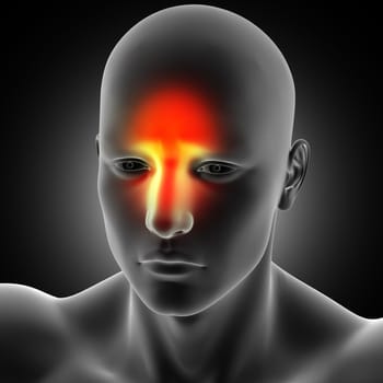 3D render of a male medical figure showing headache and sinus pain