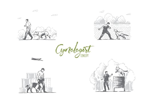 Cynologist - special people training dogs outdoors vector concept set. Hand drawn sketch isolated illustration