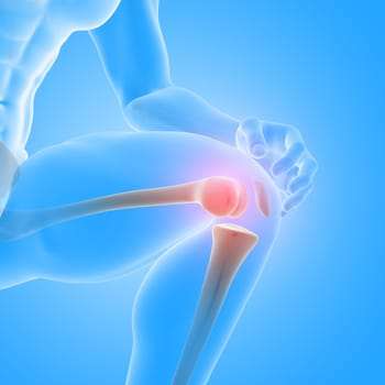 3D render of a male medical figure with close up of knee bones