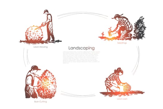 Landscaping- lawn mowing, seedlings, lawn lash, bush cutting vector concept set. Hand drawn sketch isolated illustration
