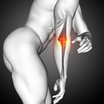 3D render of a male medical figure with close up of elbow bone