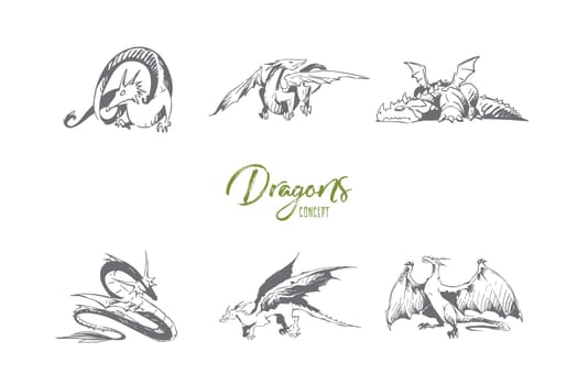 Dragons - different types of dragons vector concept set. Hand drawn sketch isolated illustration