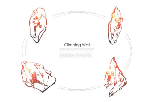 Climbing wall - men and women climbing up artificial wall vector concept set. Hand drawn sketch isolated illustration