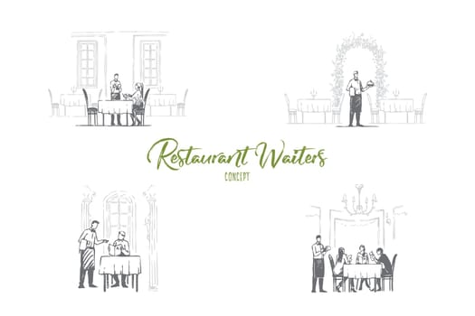 Restaurant waiters - waiters in restaurants getting orders and bringing food vector concept set. Hand drawn sketch isolated illustration