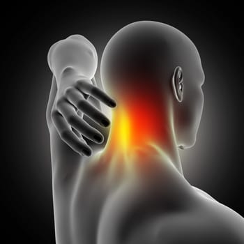 3D render of a male medical figure with neck highlighted in pain