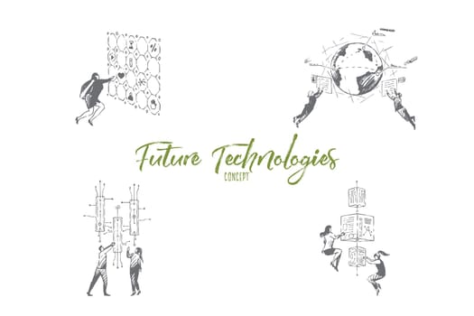 Future technologies - people pushing buttons, looking at screens and exploring technologies of future vector concept set. Hand drawn sketch isolated illustration