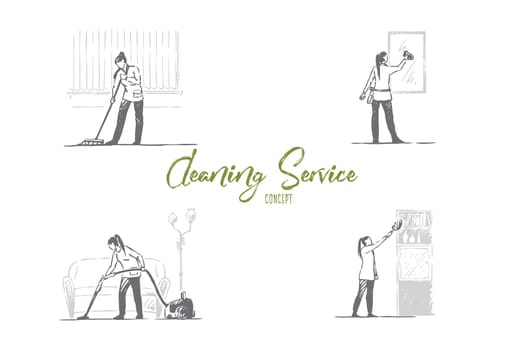 Cleaning service - washing floor, mirrors, shelves and vacuuming vector concept set. Hand drawn sketch isolated illustration