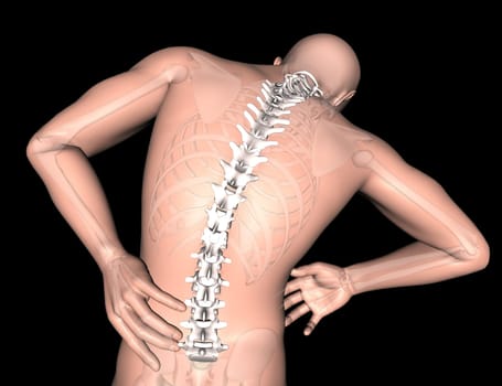 3D render of a male medical figure with spine highlighted
