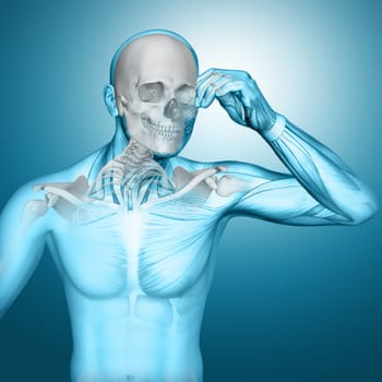 3D render of a male medical figure with skull highlighted in pain