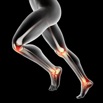 3D render of a male medical figure with knees and ankles highlighted