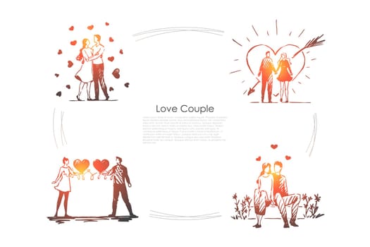 Love couple - loving romantic couple walking outdoor and hugging each other vector concept set. Hand drawn sketch isolated illustration
