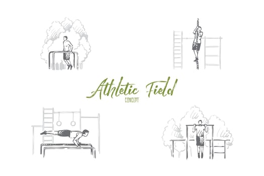 Athletic field - man doing exercises and pulling up on rope on athletic playground vector concept set. Hand drawn sketch isolated illustration