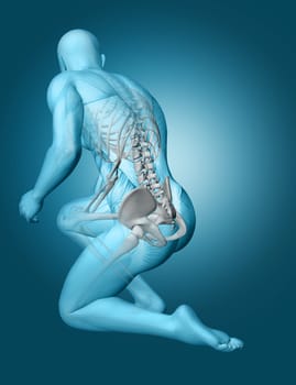 3D render of a male medical figure with spine highlighted