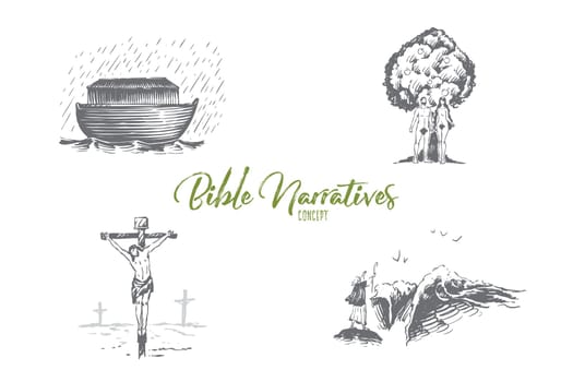 Bible narratives - Noahs ark, Adam and Eve, Jesus Christ vector concept set. Hand drawn sketch isolated illustration