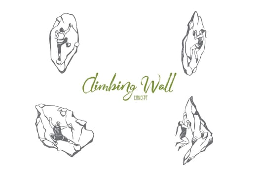 Climbing wall - men and women climbing up artificial wall vector concept set. Hand drawn sketch isolated illustration