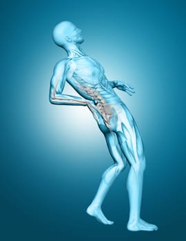 3D render of a male medical figure with spine highlighted in pain