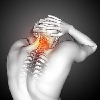 3D render of a male medical figure with top of spine highlighted