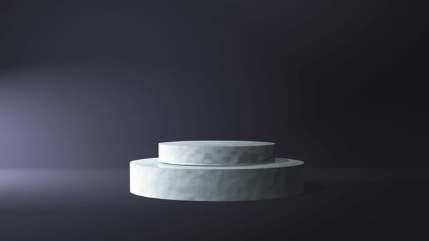 3D render of a marble podium in a dark room interior