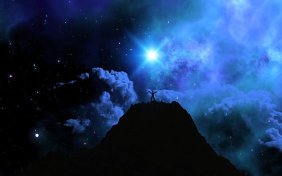 3D render of a man stood on top of a mountain against a space sky