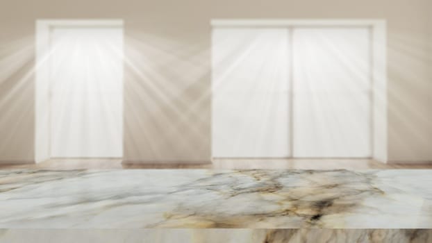 3D render of a marble table against a defocussed room interior