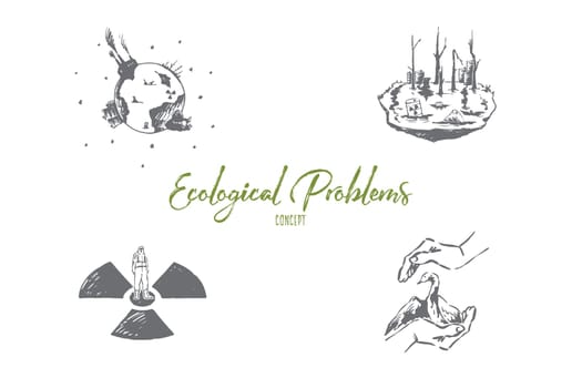 Ecological problems - saving of rare species, pollution, global wrming vector concept set. Hand drawn sketch isolated illustration
