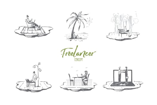 Freelancer - people working with laptops on nature outdoors and in comfortable places vector concept set. Hand drawn sketch isolated illustration