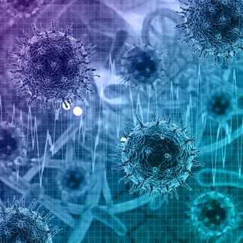 3D render of a medical bacgkround with abstract virus cells and DNA strand