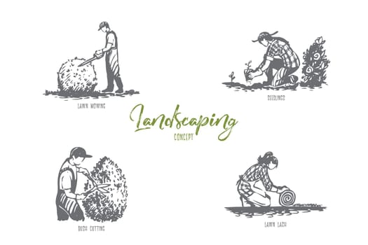 Landscaping- lawn mowing, seedlings, lawn lash, bush cutting vector concept set. Hand drawn sketch isolated illustration